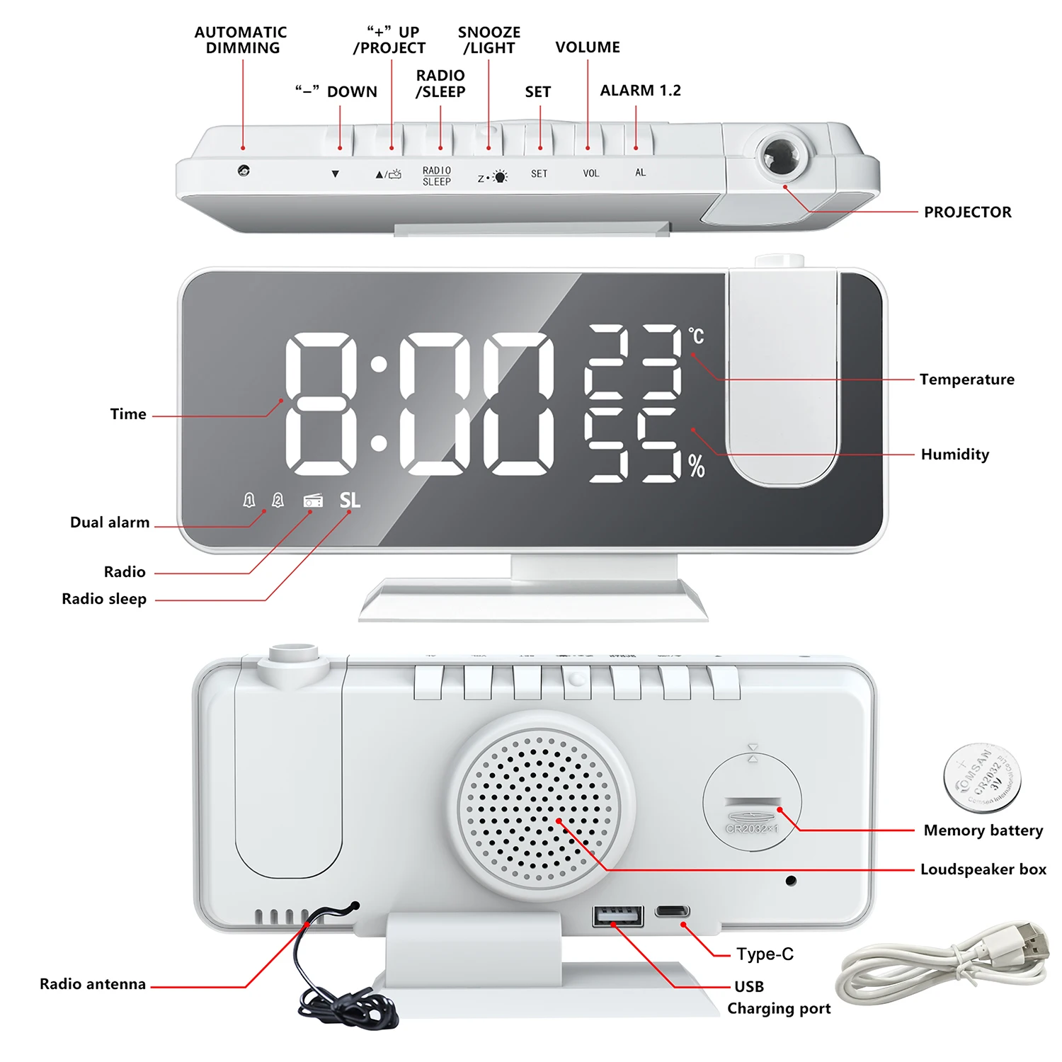 LED Digital Alarm Clock Table Watch Electronic Desktop Clocks USB Wake Up FM Radio Time Projector Snooze Function 2 Alarm