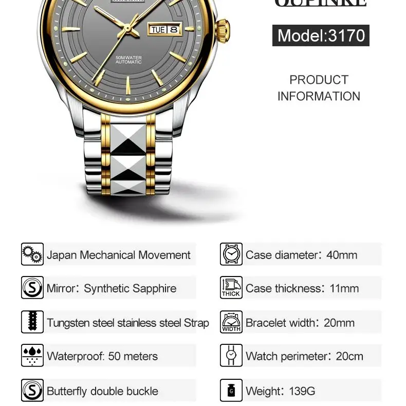 OUPINKE 3170 Classic Men's Watches Imported Japan Automatic Movement Mechanical High end Wristwatch Dual Calendar Display 5