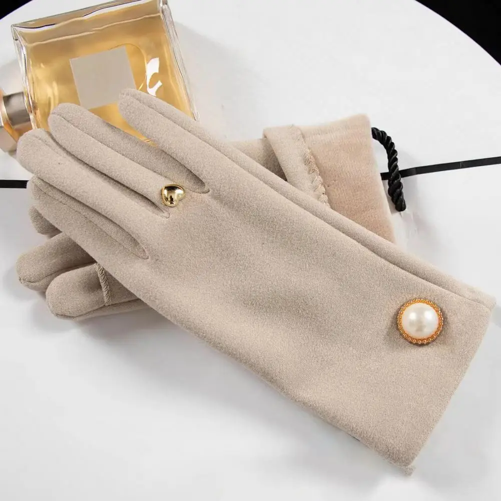 

Перчатки женские зимние с искусственным жемчугом, элегантные ветрозащитные митенки для сенсорных экранов, на пуговицах, для езды на мотоцикле