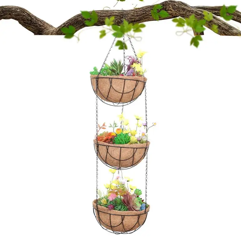 

Metal Hangings Planter Basket Outdoor Indoor Three Layer Metal Pots With Coco Coir Liner Round Wire Plant Holder Large Wire
