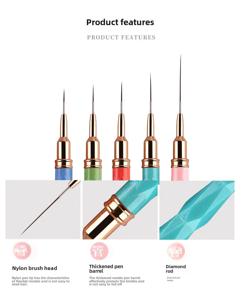 Description Picture 5 of itemNew 5pcs Rhombus Fine Liner Brush Nail Art Striping Brushes Thin Line Nail Brush Detail Painting Pen Gel Nail Painting Tools