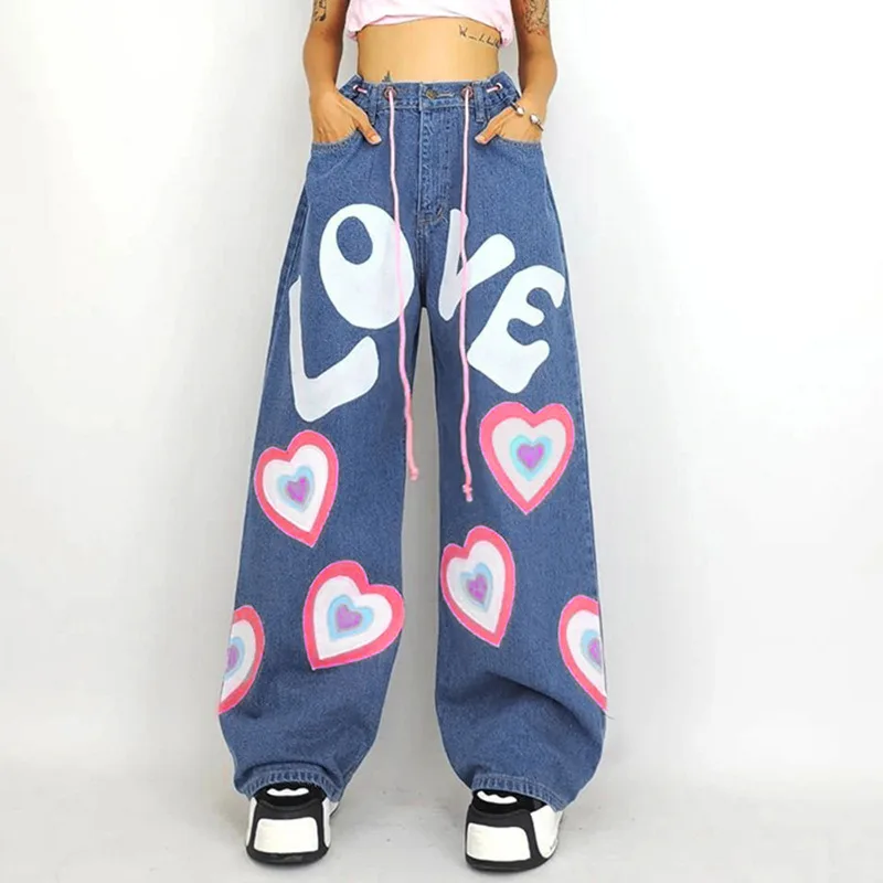 Love Heart Print Jeans for Women Fashion Wide Leg Pants Graffiti with Drawstring Deim Trousers Baddie Clothes Y2k Streetwears