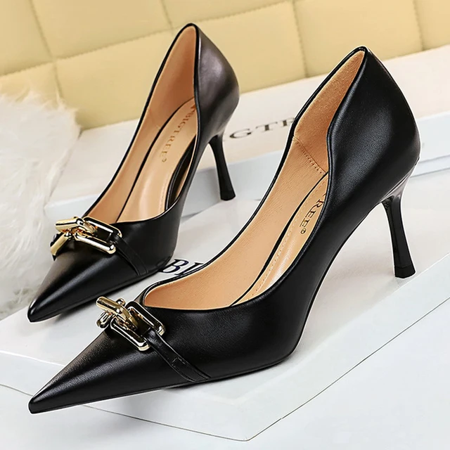 BIGTREE Shoes Elegant Women Pumps Metal Button Kitten Heels Women Shoes Stiletto Banquet Shoes Pointed High Heels Large Size 43 3