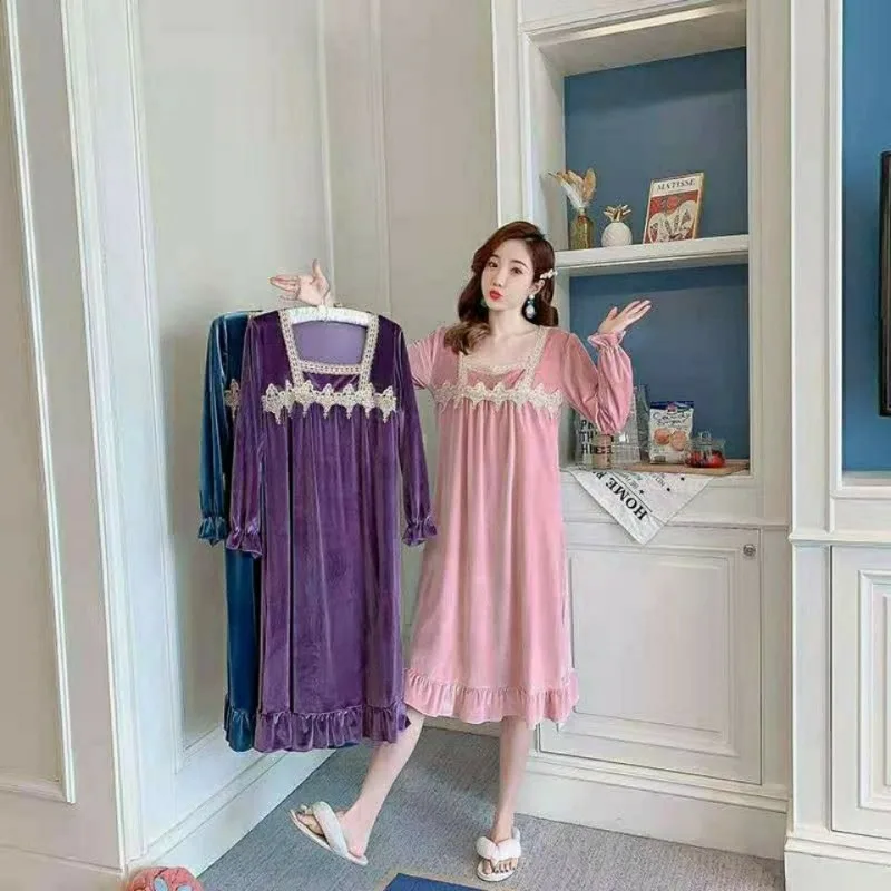 Pajamas female Long sleeve Spring and Autumn Cute online celebrity. Canary velvet loose loungewear palace style nightdress