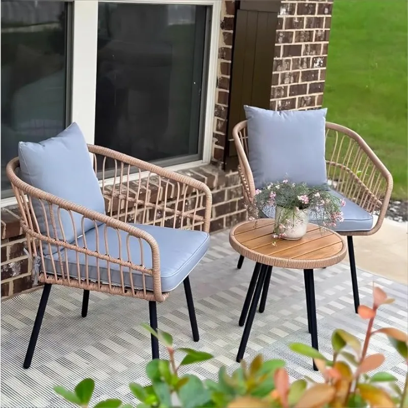 

3 Pieces Outdoor Bistro Set, All-Weather Wicker Patio Furniture Set, Rattan Conversation Set with Table and Chair for Balcony