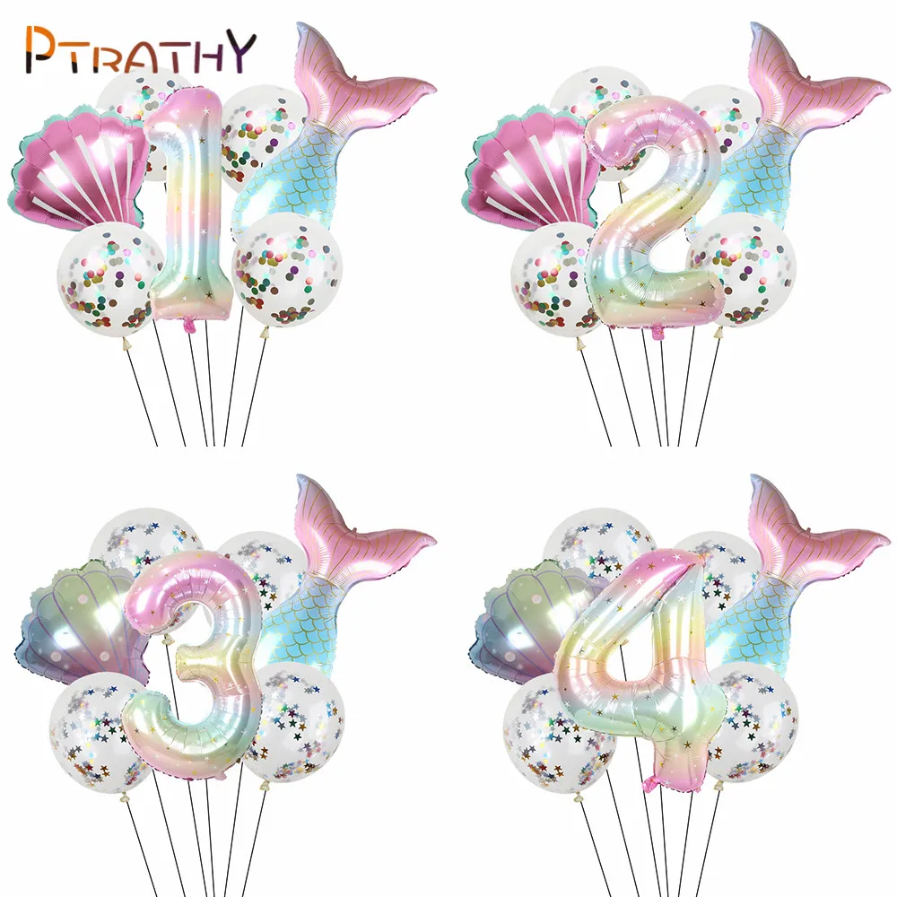 

7pcs Mermaid Tail Theme Foil Balloons 40inch Gradient Star Digital Balloons 1-9th Girls Birthday Party Decorations Air Globos