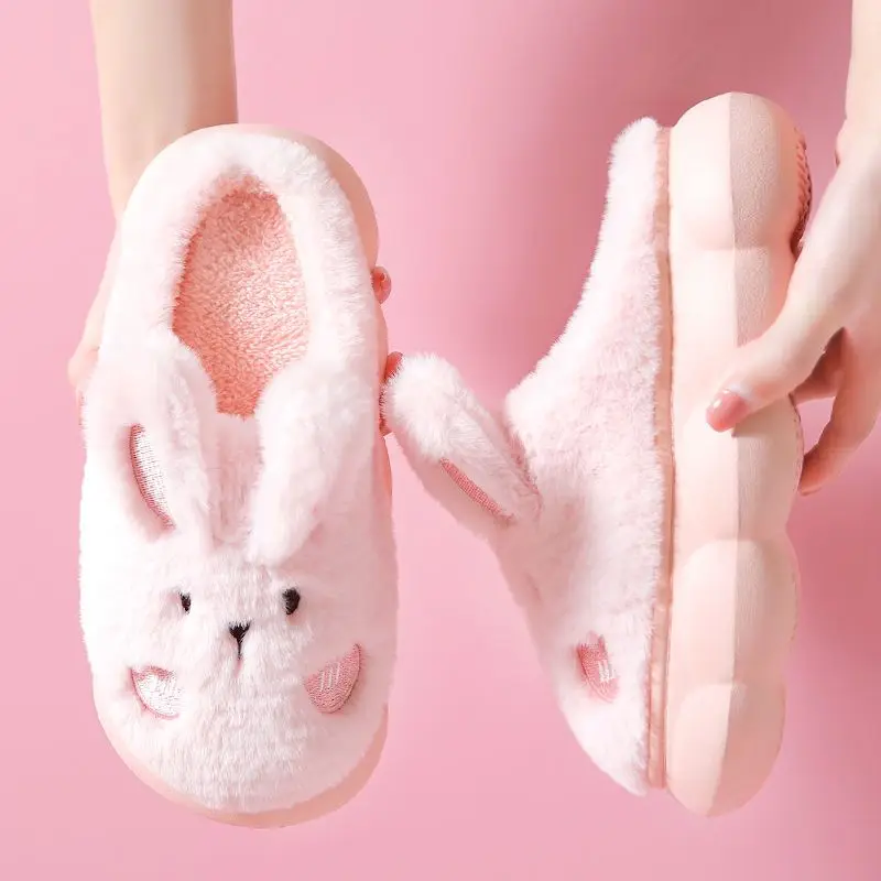 White Rabbit Ear Fluffy Slippers Women Winter Shoes Ladies