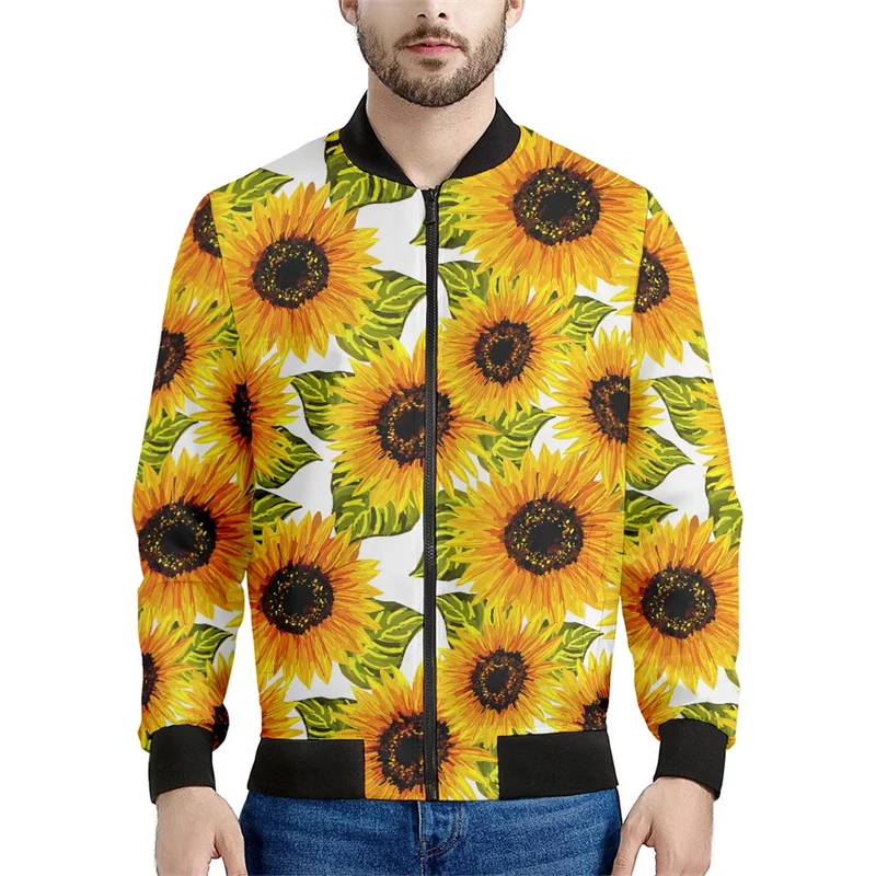 thumbnail image 1 of Chaqueta con cremallera y estampado de girasoles a la moda para hombre, sudaderas con estampado de plantas en 3D, chaquetas de calle de manga larga de gran tamaño, abrigos, 1 of 5