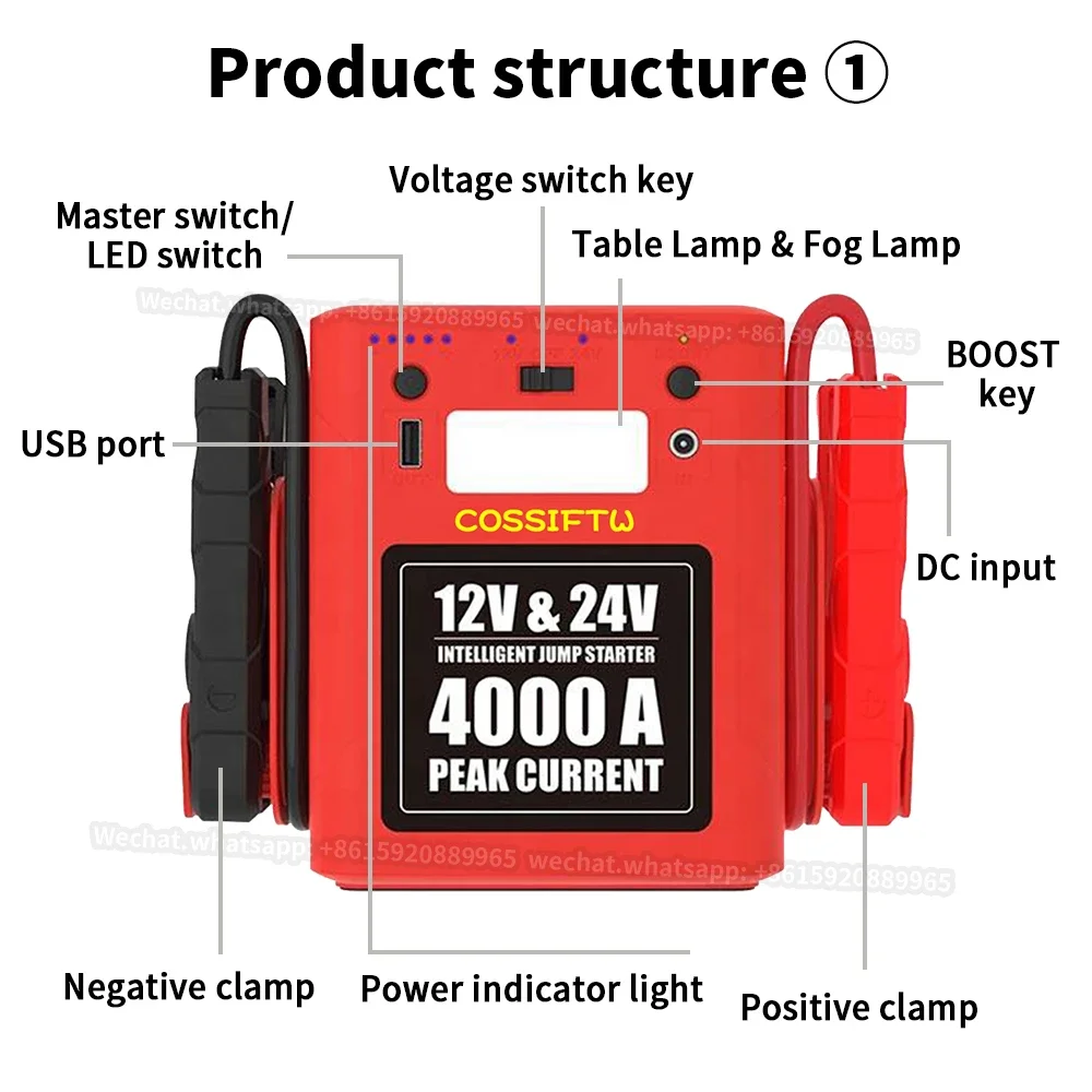 Car Starter 4000A 56000mAh 12v 24v Emergency Portable battery power booster jump starter for Cars And Trucks industrial vehicles