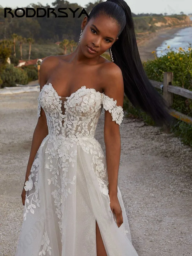 RODDRSYA-Robe de Mariée Trapèze en Tulle Scintillant, Dos aux, Sexy, Fendue, Style Boho, à Lacets, 2024 Robe de Mariée Trapèze en Tulle Scintillant,