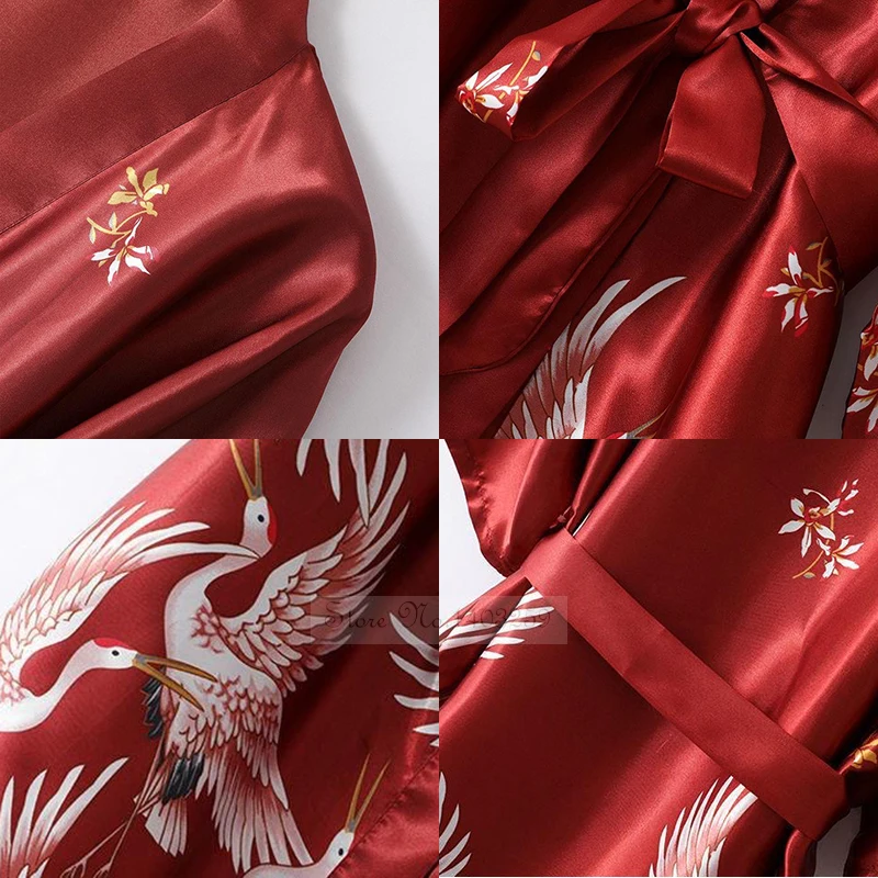 PLUS SIZE Long Kimono Bathrobe Satin Women Sleepwear Nightgown Print Crane Bride Bridesmaid Wedding Robe Dress Loose Homewear