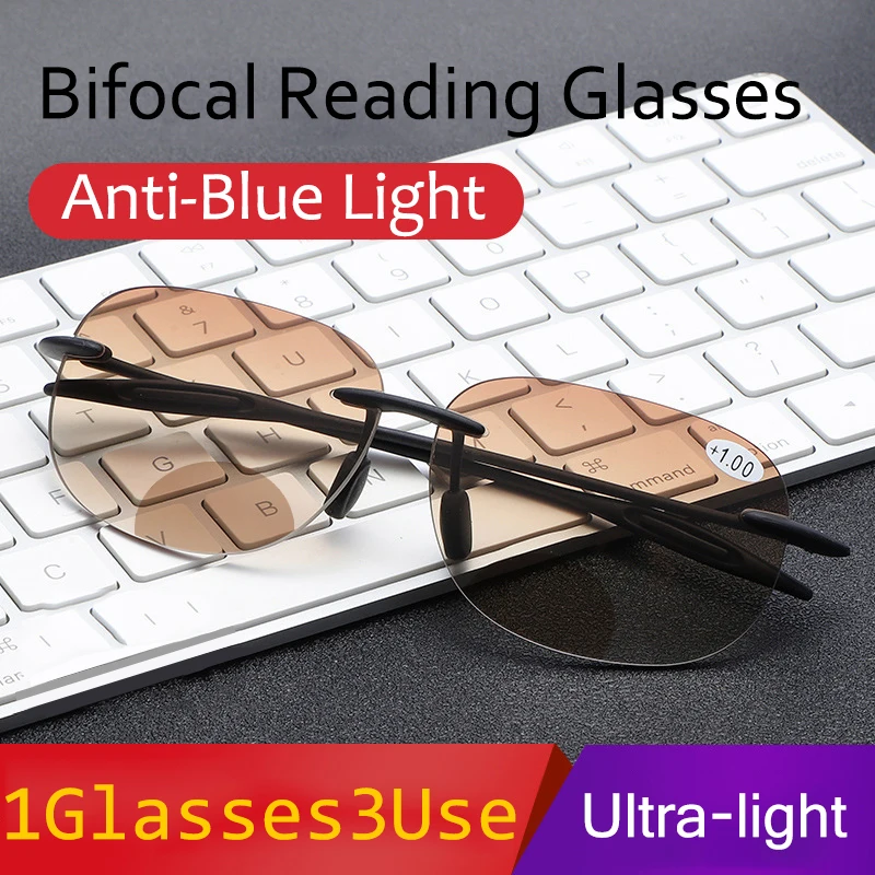 

Rimless Bifocal Sun Reading Glasses Men Near-far dual-purpose Hyperopia Glasses Women Ultra-ligh Anti-Blue Ray Presbyopia Eyewea