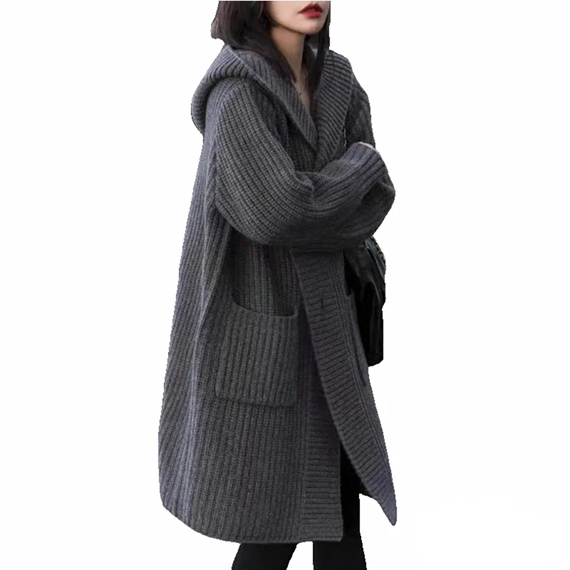 Autumn and Winter New Women's Hooded Cardigan Long-sleeved Sweater Casual Loose Medium and Long Solid Color Knitwear Jacket