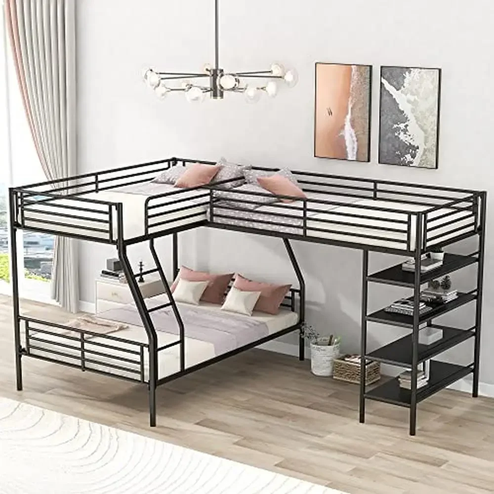 L Shaped Metal Corner Bunk Bed with Loft Built in Shelves Twin Over Full No Box Spring Needed 117.2 L x 77.5 W x 62.9 H