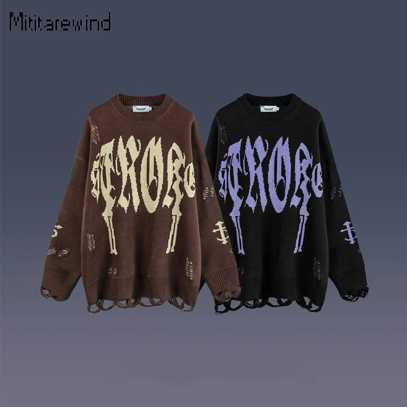 

American Y2k Vintage Sweater Men and Women High Street Casual Letter Jacquard Hole Pullovers Trendy Oversize Knitwear Round Neck