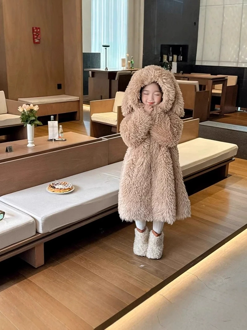 معطف فرو أرنب للأطفال ، سترة واقية طويلة ، معطف سميك من القطن ، سترات فرو عصرية ، جديد ، شتوي