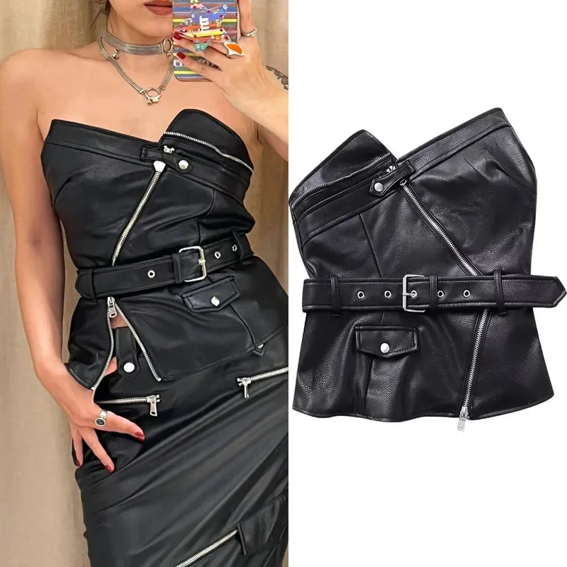 

TRAF Asymmetric Faux Leather Women's Top Y2K Zipper Streetwear Party Metal Buckle Belt Fitted Strapless Tops Sleeveless Blouses