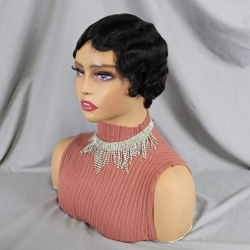 Short Finger Wave Wig Brazilian Human Hair Wig for Black Women Short Ocean Wave Wig Burgundy Pixie Cut Wigs Ombre Cheap Glueless