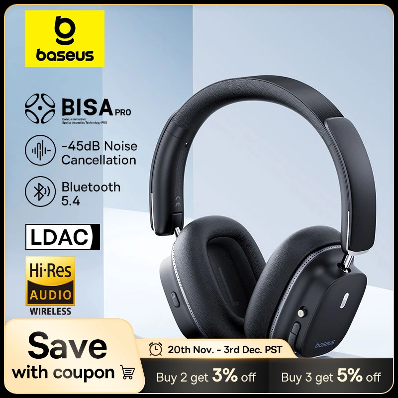 Baseus Bowie 30 Max Bluetooth Headphones 45dB Noise Cancellation Hi-res LDAC Over Ear Headset 3D Spatial Audio Wireless Earphone