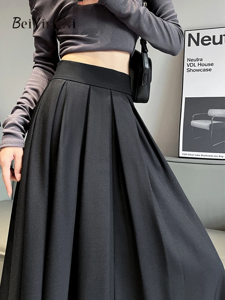 Beiyingni Women Long Suit Maxi Pleated Black Skirts Korean