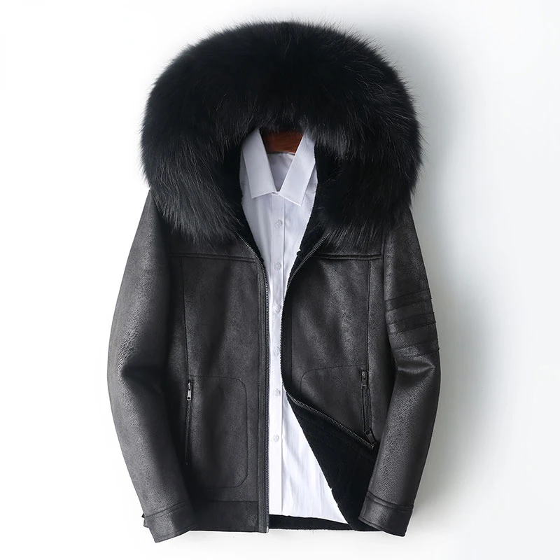 

Real Fur Hooded Coat Long Sleeve Men Casual Loose Genuine Fur Jacket with Hood Male Sheep Shearing Fur Jackets Outwear Z107