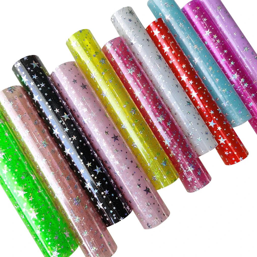

Star Print with Fine Glitter Transparent PVC Film Jelly Vinyl Faux Leather Fabric for Bow Bag Cover Crafts DIY Material 30*135CM