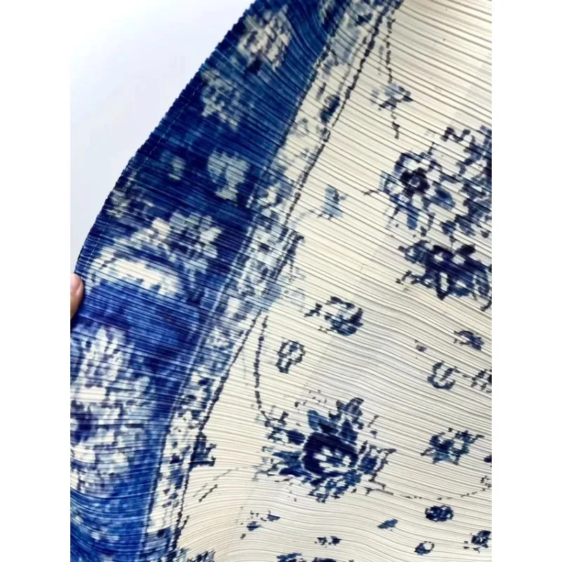Miyake Pleated Long Sleeve Printed Dress Trench Coat Women 2023 Autumn Winter New Original Designer Turndown Collar Belted Coats