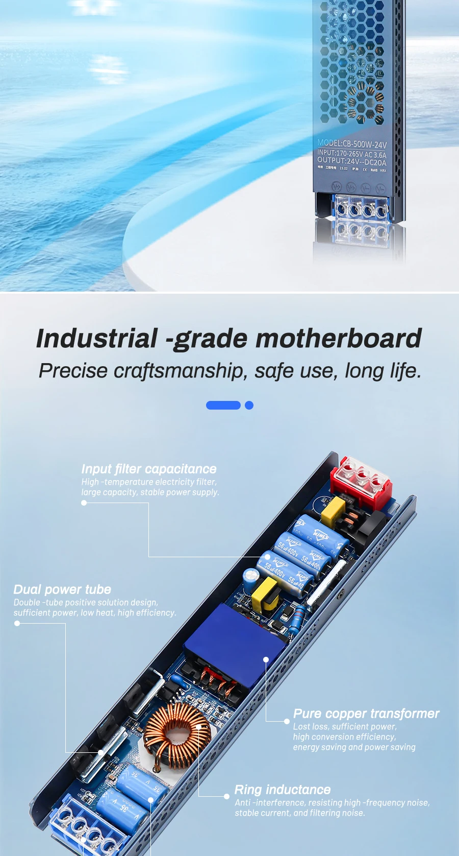 Description Picture 5 of item12V 24V Power Supply 60W 100W 200W 300W 400W 500W Transformer LED Driver Super Thin AC DC Converter for LED Strip Lighting Bulb