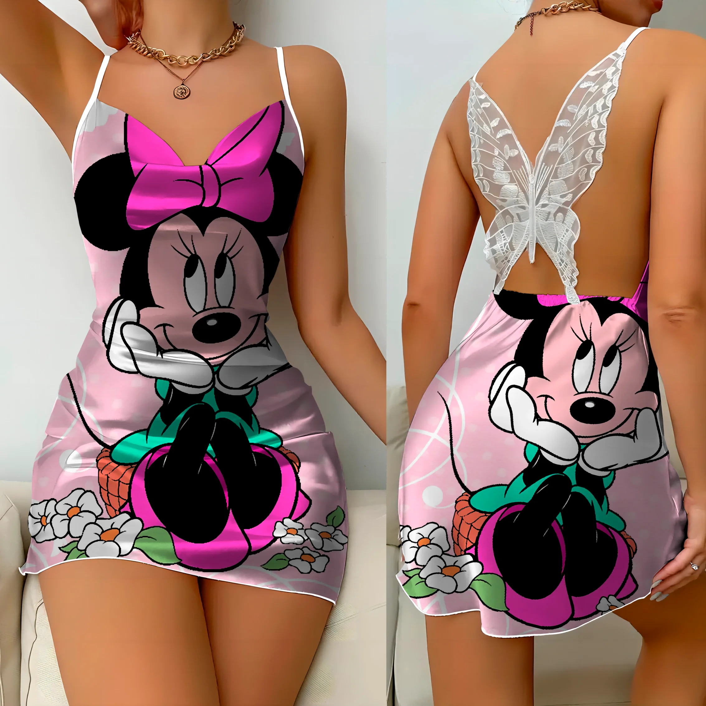 Mini Dress Pajama Skirt Bow Knot Party Dresses Satin Surface Minnie Mouse Disney Mickey Womens Fashion Summer 2024 Elegant Women 5
