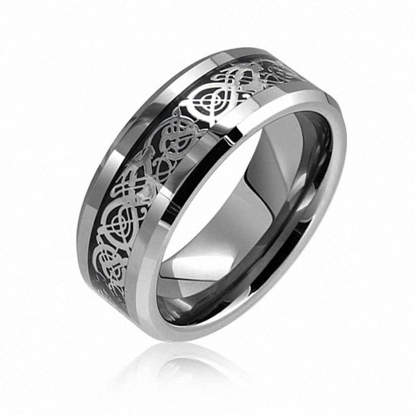 Tungsten-Carbide-Wedding-Bands-Celtic-Silver-Dragon-Black-Inlay-Flat-Comfort-Fit