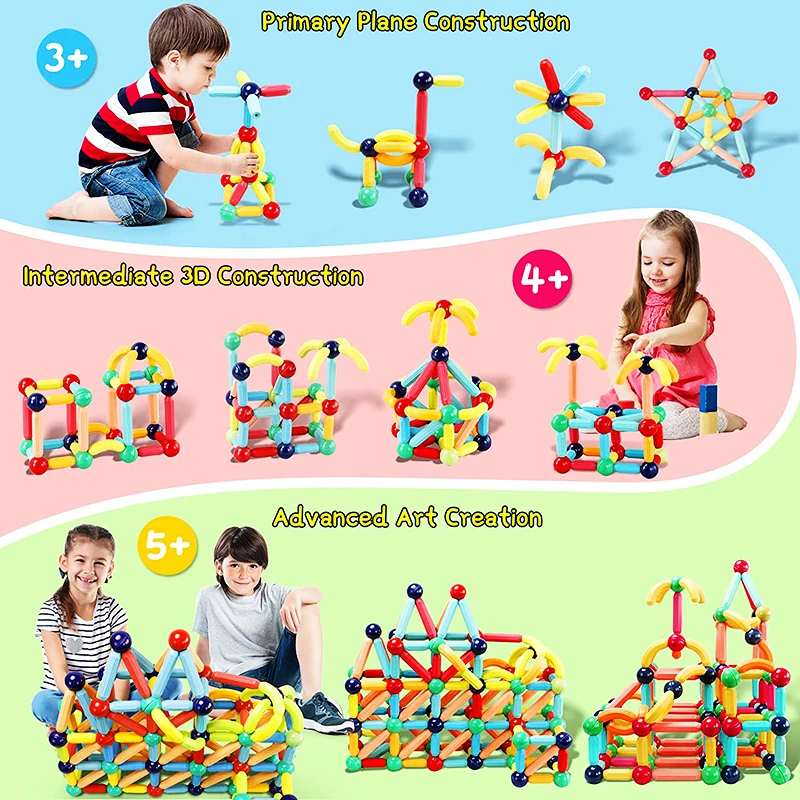 Magnetic Building Blocks Magnetic Assembly Toy Kids Magnet Construction Set Magnetic Balls and Rods Sticks Building Blocks Montessori Educational STEM Toys For Children Boys
