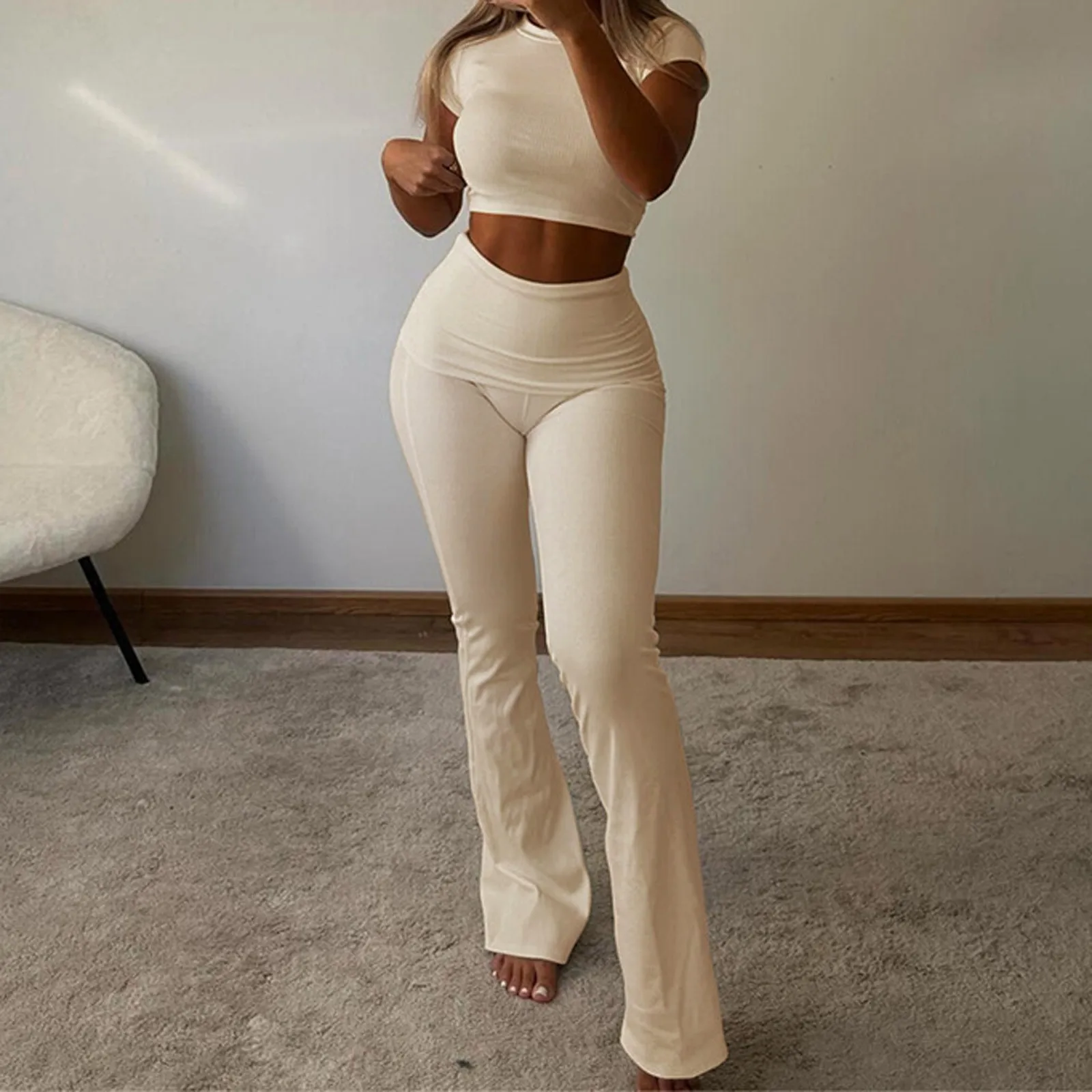 Casual Pink 2 Pieces Sets Womens Summer Outfits Y2k Clothes Fit Long Sleeve Top and High Waist Slim Flare Pants Sets 2024