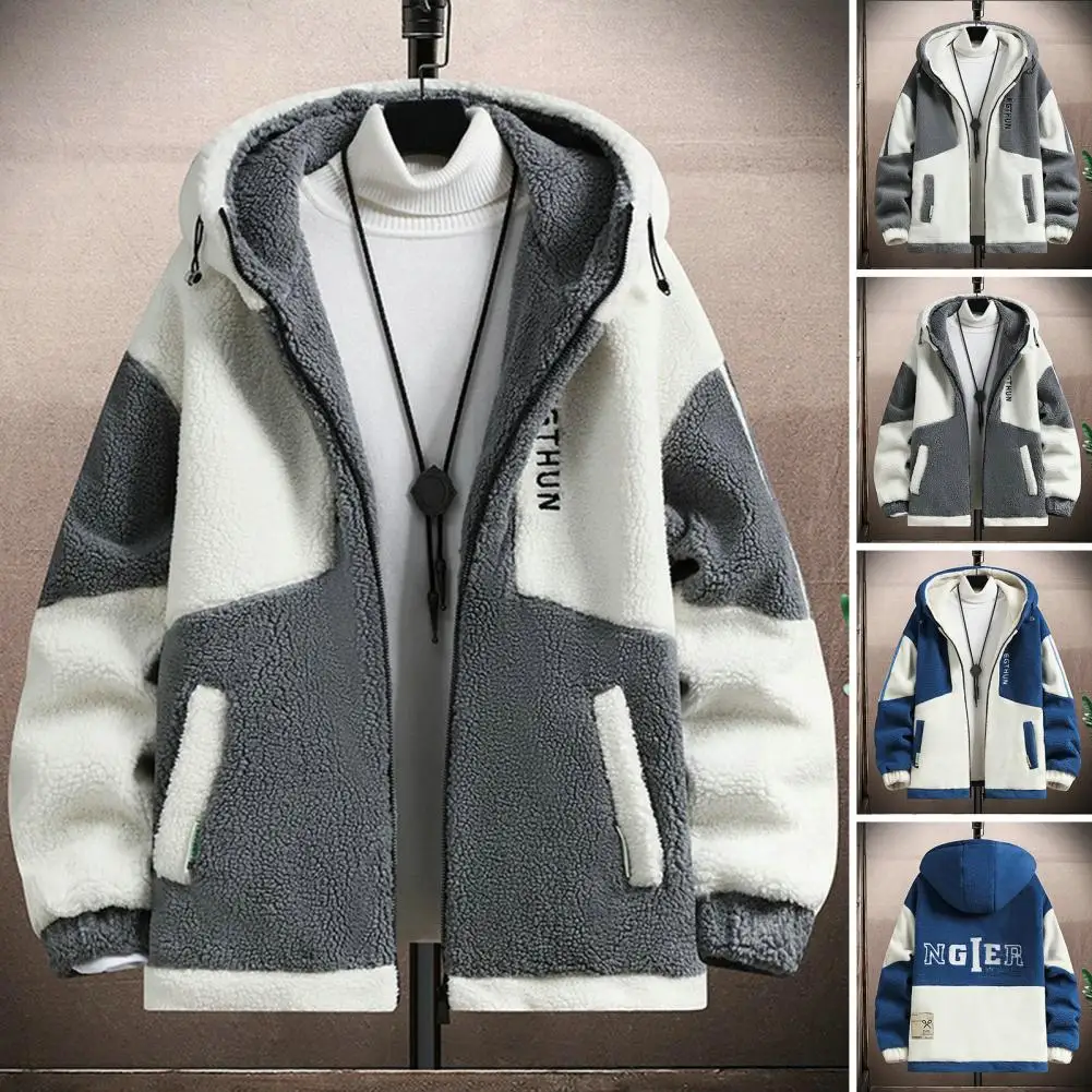 Full Zipper Men Jacket Colorblock Hooded Men's Jacket with Plush Letter Decor Cold Resistant Design Warm Winter Coat with Zipper cold weather sweater colorblock knitted turtleneck men s sweater with high collar for autumn winter soft warm for casual