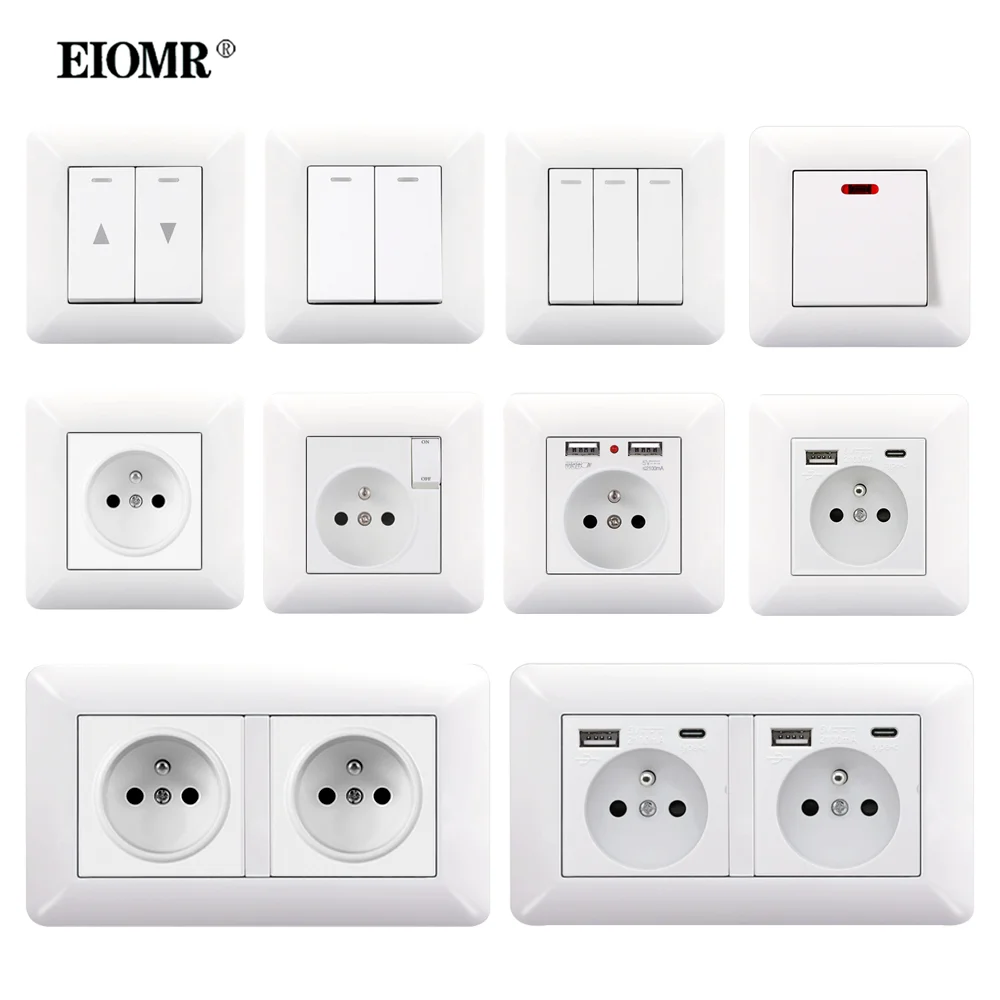 Eiomr-frança Tomada de Parede Padrão Painel Curvo Branco Usb tipo c Porta de Carregamento 5v 2.1a Tomada Elétrica
