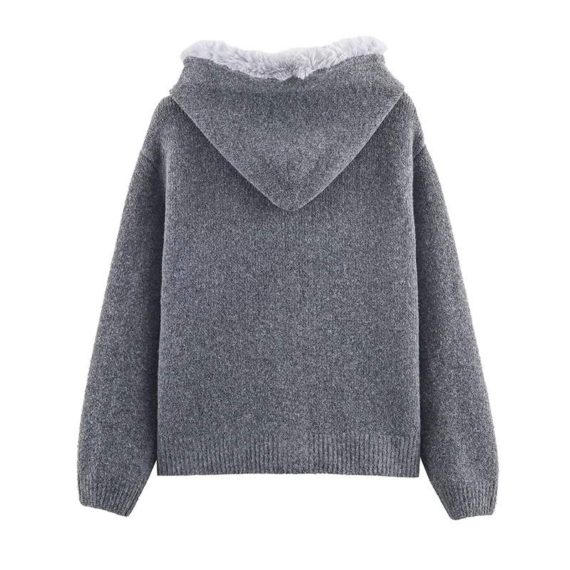 2025 New Women Fashion Plush Hooded Knitted Cardigans Long Sleeve Sweater Cardigan Autumn Winter New Style Knitwear Coat