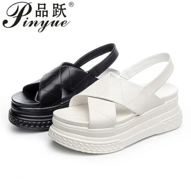 

7cm Women Summer Platform Sandals Buckle Strap Open Toe Thick Bottom Genuine Leather Ladies Casual Beach Wedges Shoes 33 40