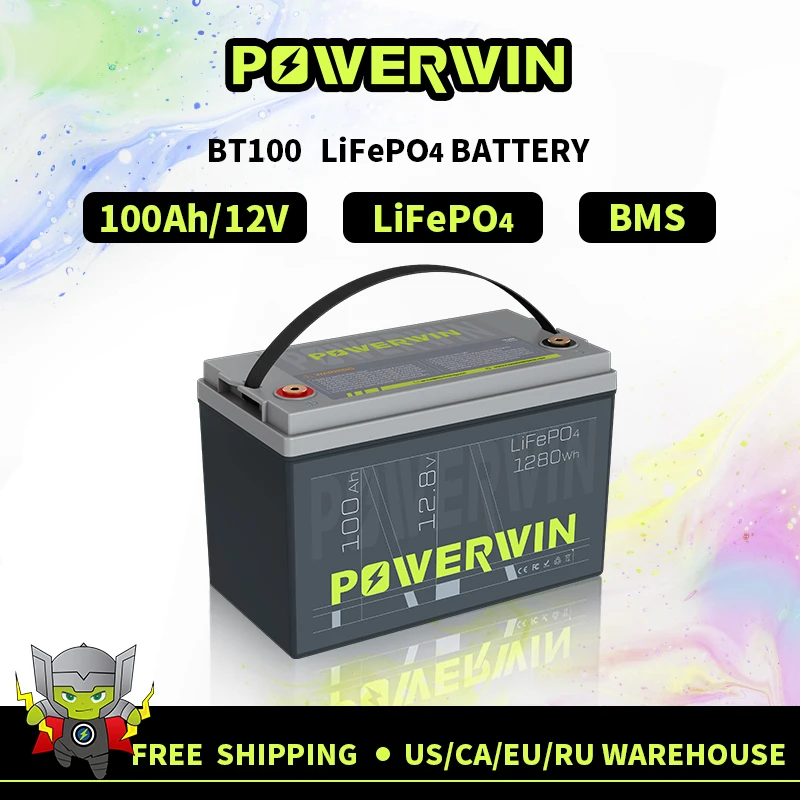

POWERWIN BT100 LiFePO4 Battery 12V 100Ah/1028Wh Built-in BMS Off-grid Solar Power System Car Charge Energy Storage Inverter RV