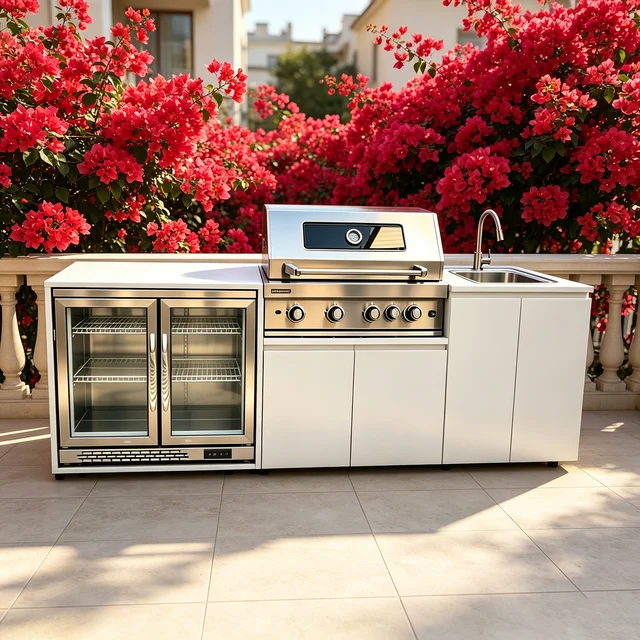 Cuisine extérieure en acier inoxydable avec barbecue, réfrigérateur, plaque de cuisson, évier et réfrigérateur sur roulettes pour jardin ou terrasse. 1