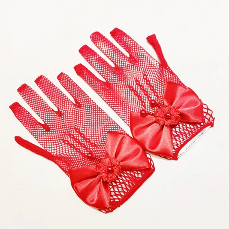 Girls Mesh Bow Lace Gloves Elastic Fishnet Solid Princess Gift Mittens Party Birthday Ceremony Coronation Ornament Accessories