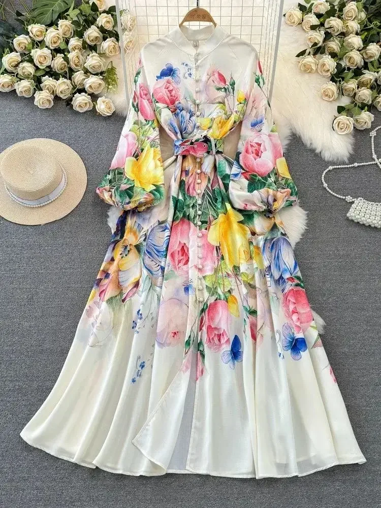 Elegant Floral Printing Maxi Dresses Women Spring Autumn Long Sleeve A-line  Single Breasted Dress Female Long Robe with Belt - AliExpress