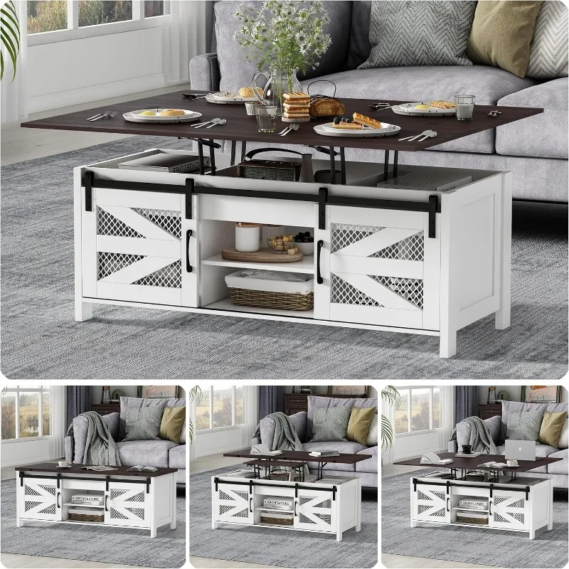 47.2" Lift Top Coffee Table 4 in 1 Farmhouse Coffee Table with Storage Coffee Tables for Living Room, Dining Room (White) 3