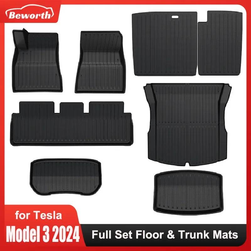 Floor & Trunk Mats For Tesla Model 3 2024 Full TPE 3D Anti-Slip All-Weather  Front Rear Luggage Mats Car Foot Pads Accessories