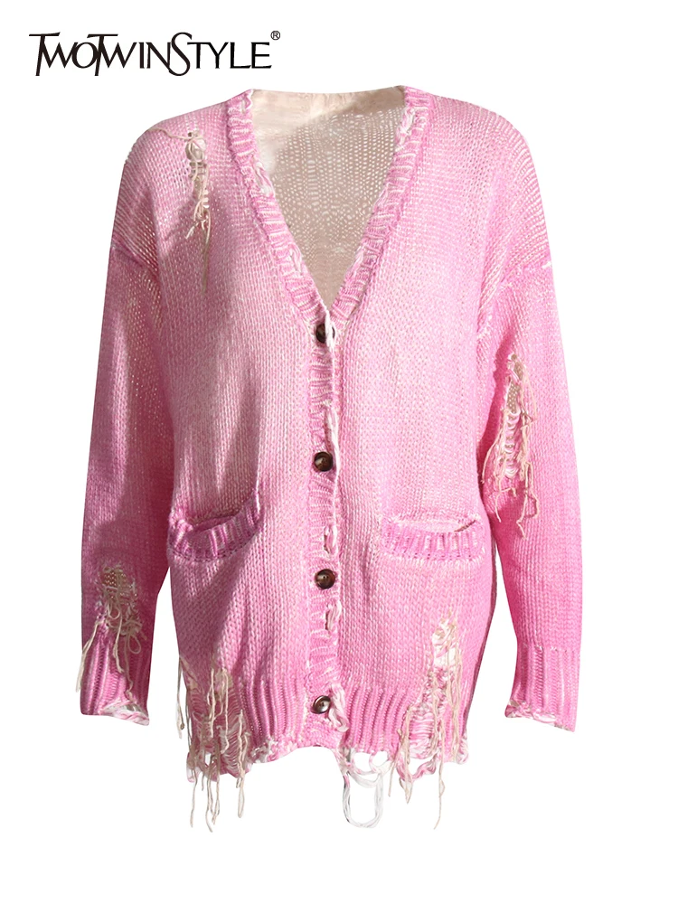 

TWOTWINSTYLE Colorblock Patchwork Button Casual Loose Knitting Sweaters For Women V Neck Long Sleeve Cardigans Female Fashion