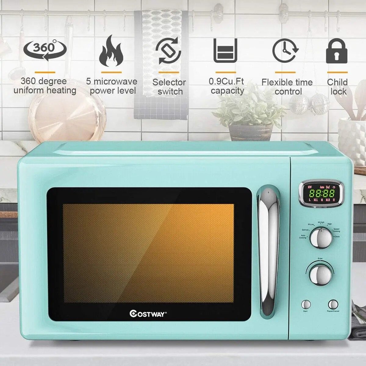 Retro Countertop Microwave Oven, 0.9Cu.ft, 900W Microwave Oven, with 5 Micro Power, Defrost & Auto Cooking Function, LED Display 2