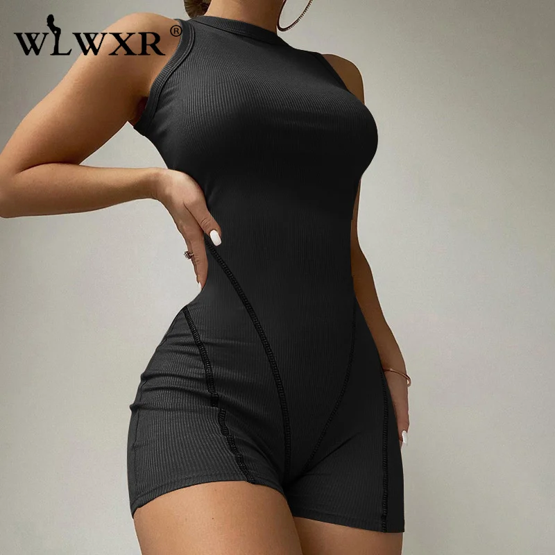 

WLWXR Summer Ribbed Knitted Black Jumpsuit Gray Casual Outfits For Women 2022 Rompers Shorts Sleeveless Coffee Bodycon Bodysuit