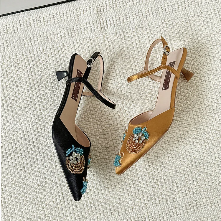 Sexy Pointed Toe Women Slingback Sandals Yellow Beading Design Summer Prom Party Pumps Ankle Strap Black Med Heels Zapatos Mujer