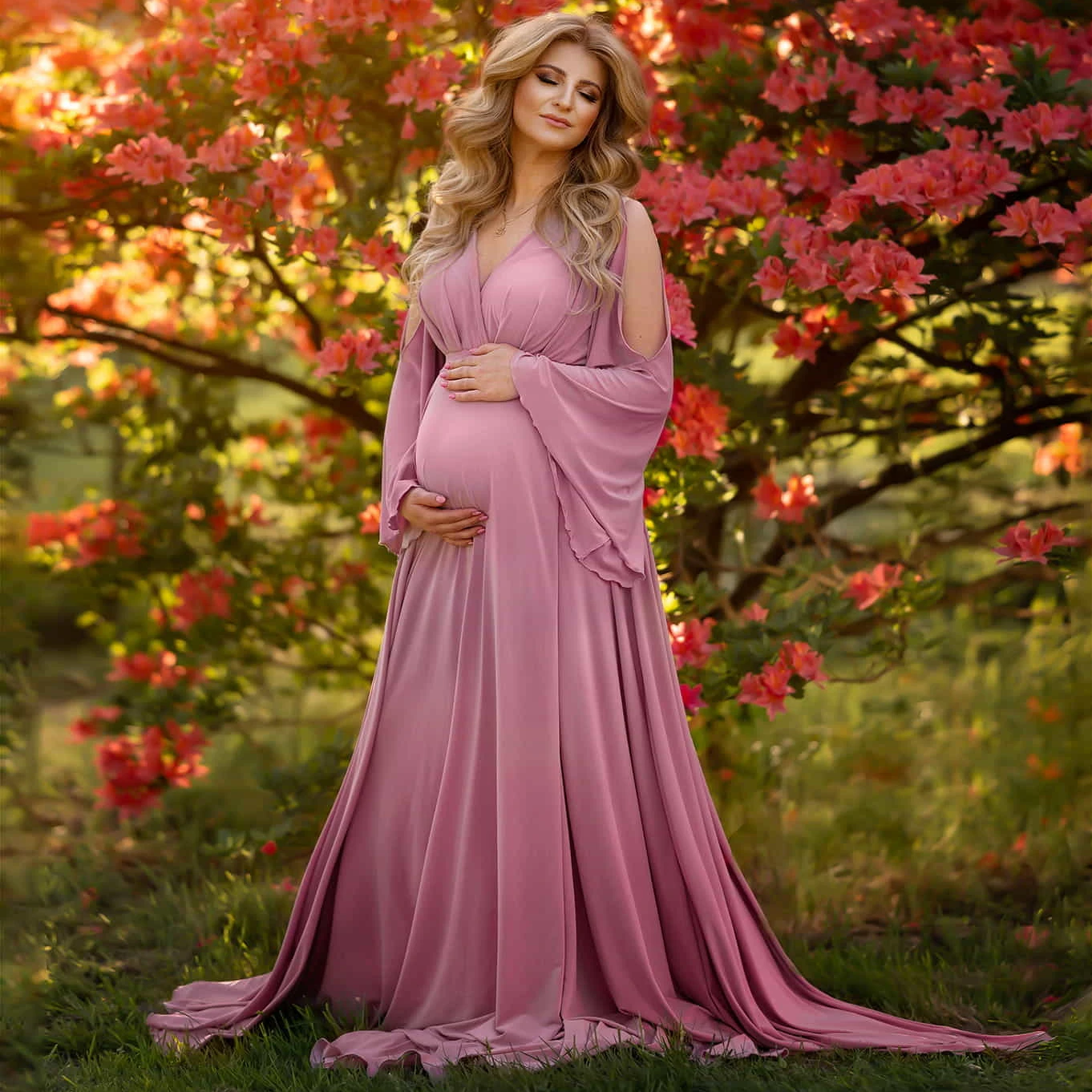 

Vintage Chiffon Pink Maternity Photoshoot Robes Sexy V Neck Pregnant Women Dresses Charming Long Sleeves Ruched Babyshower Gowns