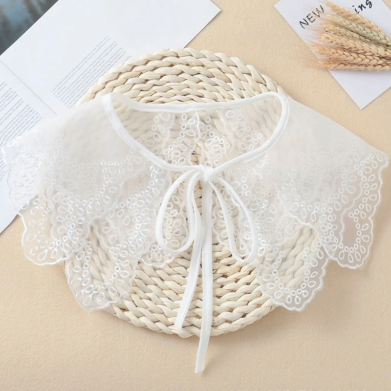 

Korean Style Women Organza Faux Collar Shawl Wrap Elegant Lace-Up Bowknot Decorative Necklace Sheer Embroidery Poncho