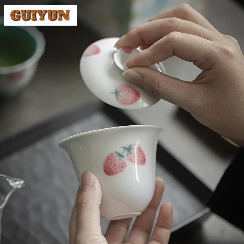 120ml Hand-painted Strawberry Gaiwan Japanese Pink Literati Tea Tureen Chinese Tea Brewing Cover Bowl Drinkware Supplies Craft
