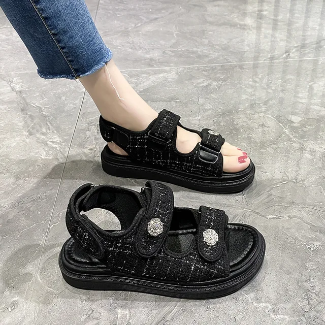 Platform Sandals Handmade Women Lattice Hook Loop Plaid Cloth Round Toe Summer Casual Ladies Outdoor Shoes